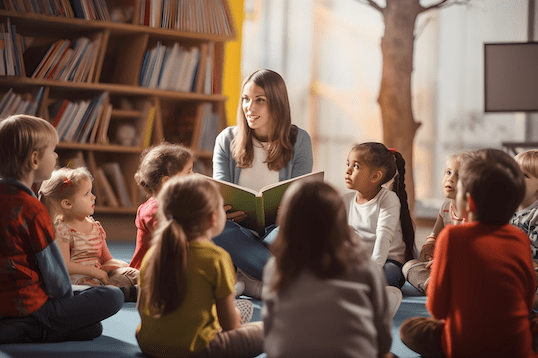 Teacher reading to little kids in a classroom