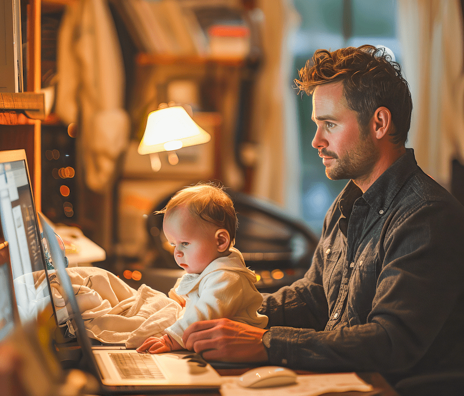 Man with baby working on laptop at home