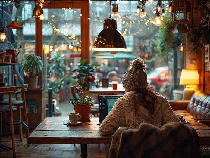 Girl on laptop in cafe