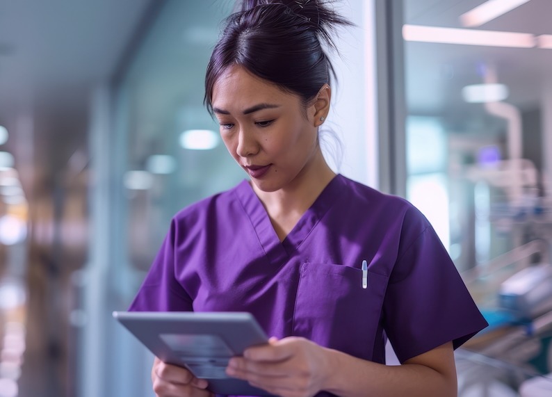 Nurse in purple scrubs using an iPad