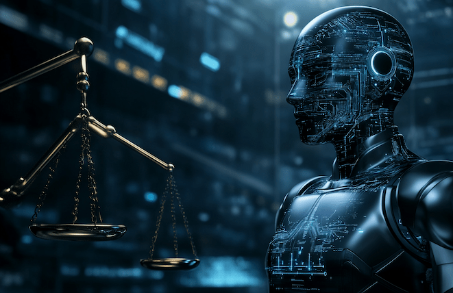 Futuristic AI robot holding scales of justice, symbolizing the intersection of artificial intelligence and law in a digital, high-tech environment.