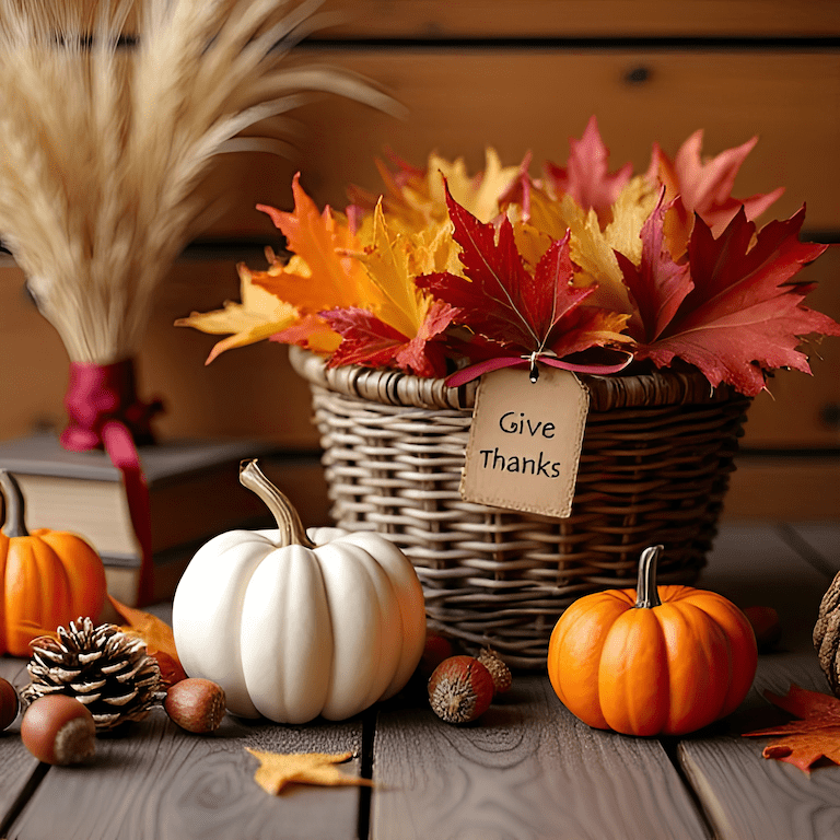 basket with fall leaves and pumpkins and a sign that says give thanks