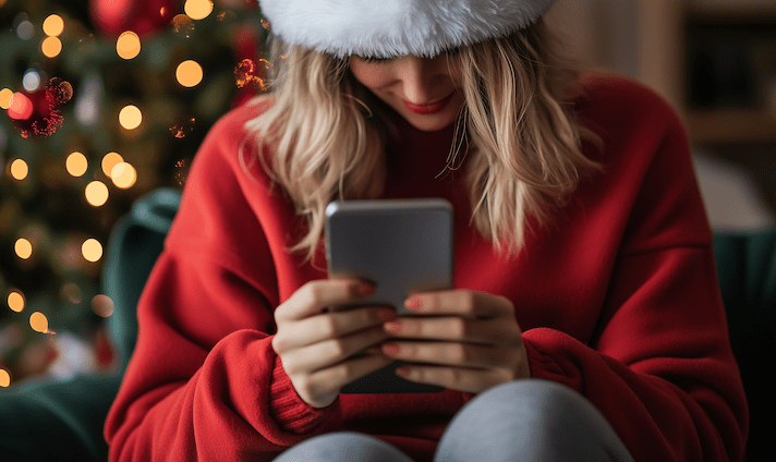 girl on phone with red sweater and santa hat