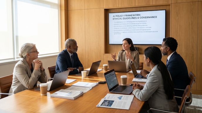 IT professional with laptop standing in server data center - Data Center & Cloud People in a conference room